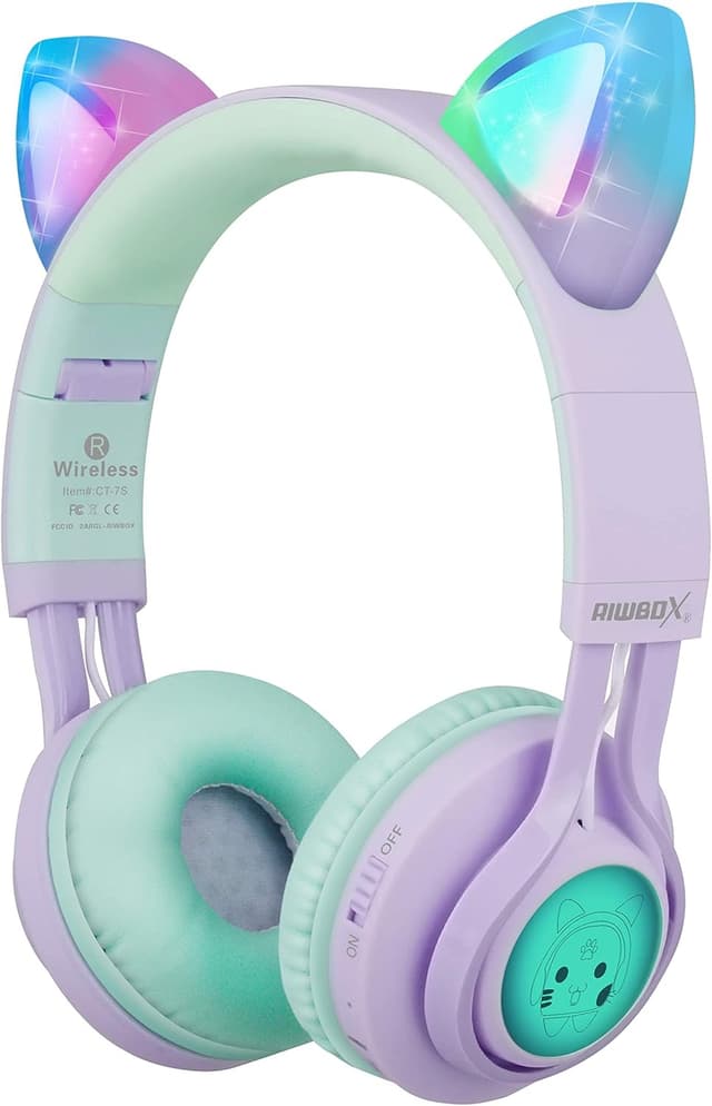 Detalle de Riwbox CT-7S Kids Wireless Cat Ear Bluetooth Headphones (Purple & Green)