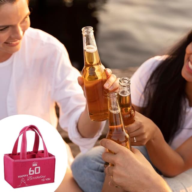 Detalle de Flaschentasche zum 60. Geburtstag Frau – lustige Filztasche für bis zu 6 Champagnerflaschen (24 x 15 x 15 cm)