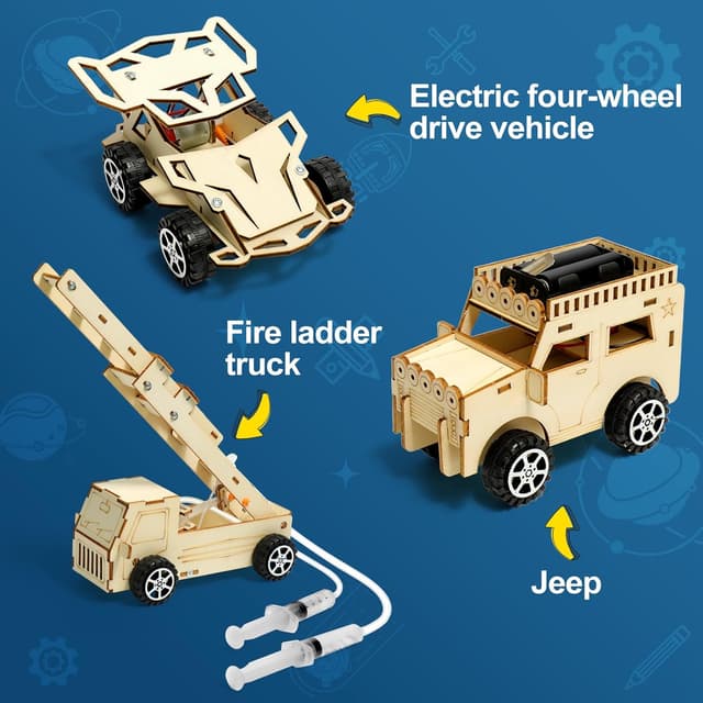 Detalle de STEM Car Toys 6-in-1 Wooden Engineering & Electronics Kit (Age 8–14) — Build 6 Vehicles