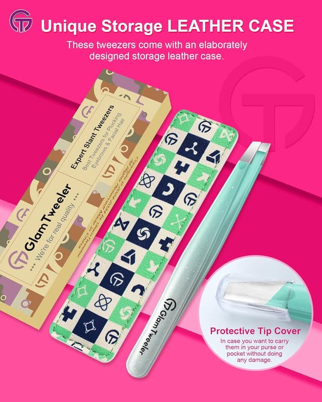 Detalle 2 de GlamTweeler Expert Slant Tip Tweezers with Leather Case (Sparkle Mint Green & Silver)
