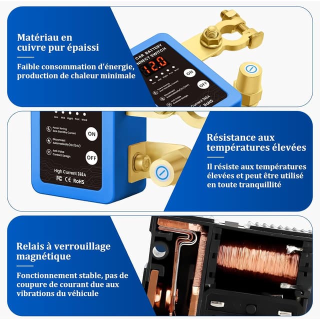 Detalle 2 de Coupe Circuit Batterie 12 V télécommandé sans fil avec écran LED (voiture, camping-car, bateau, ATV)