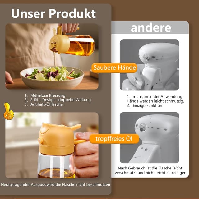 Detalle 2 de SWEET VIEW 2-in-1 Ölsprüher und Ölspender mit Glasflasche, 470 ml (gelb) – zum Kochen, Grillen & Heißluftfritteuse