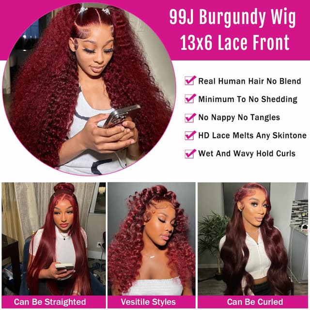 Detalle 2 de bobili 30 Inch 99J Burgundy Deep Wave 13x6 HD Lace Front Human Hair Wig
