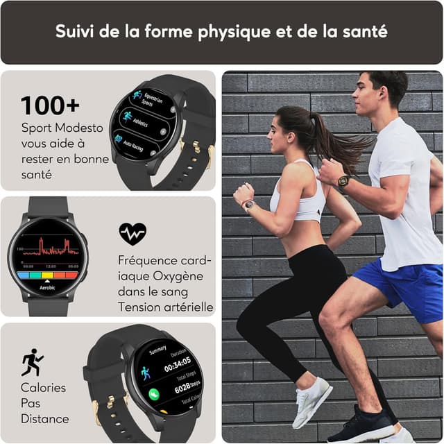 Detalle de AcclaFit Montre connectée ronde 1,38" avec appel Bluetooth, 147+ modes sport et suivi cardio