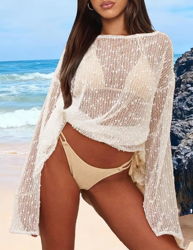 Detalle de Gleeneat Crochet Swimsuit Cover-Up for Women (Boat Neck, Sheer Crochet Caftan Dress)