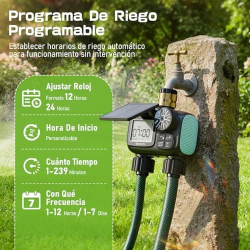 Detalle de Programador de riego solar CyberOrd de 2 zonas con carga solar y modos automático/manual y retraso por lluvia