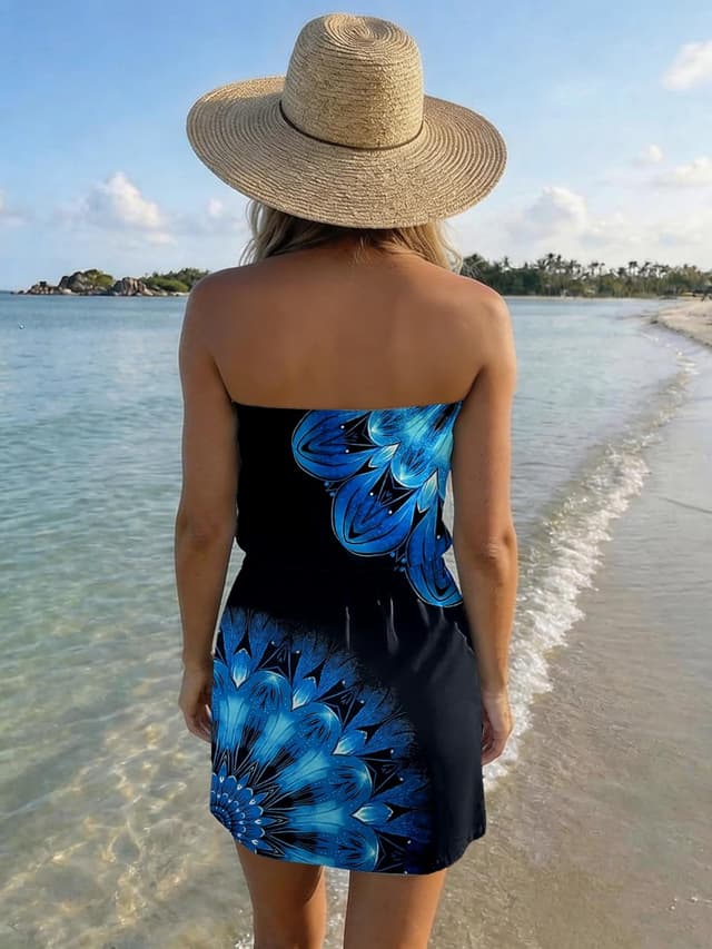 Detalle de Women’s Strapless Summer Dress Boho Beach Cover-Up Mini Dress with Drawstring Waist & Pockets