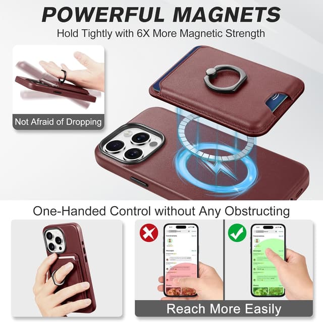 Thumbnail 6 de SHIELDON Hülle für iPhone 15 Pro (6,1") mit Kartenhalter aus Echtleder – 2-in-1 mit Ring und kabellosem Laden, Weinrot