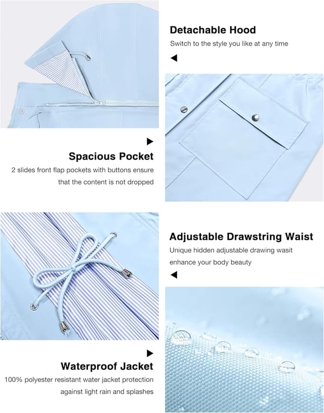 Detalle de Bloggerlove Women’s Lightweight Rain Jacket Waterproof Hooded Raincoat (Striped Trench Style)