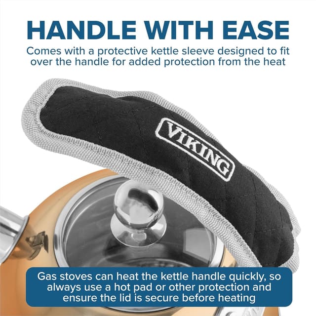 Detalle de Viking 3-Ply Stainless Steel Tea Kettle (2.6 Quart) with Tempered Glass Lid, Rose Gold