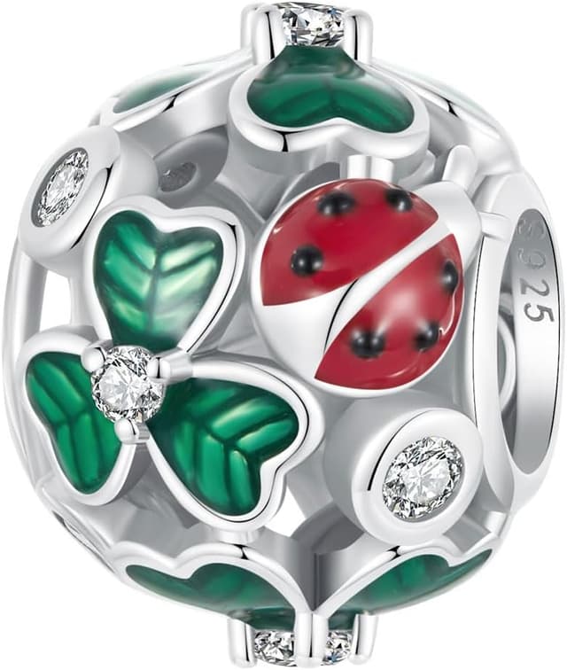 Detalle de Qings vierblättriges Kleeblatt Charm-Anhänger aus Sterlingsilber 925 mit Zirkonia & Marienkäfer (für Armband oder Halskette)