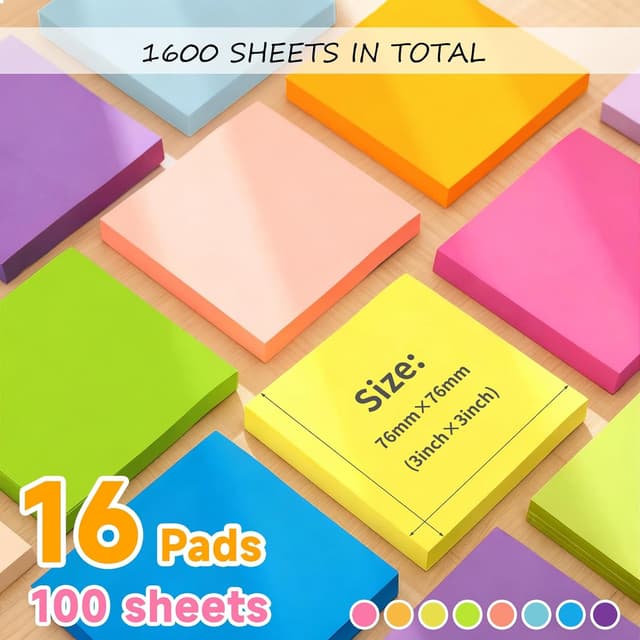 Detalle de 16 Blöcke Haftnotizen 76 x 76 mm – 1.600 bunte Klebezettel zum Beschriften, selbstklebend