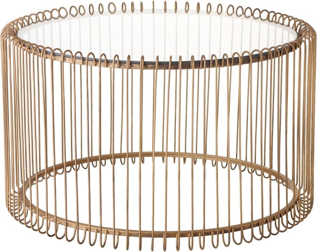 Detalle de Baroni Home Tavolino cilindrico basso da caffè con ripiano in vetro e struttura in metallo oro, 35,5x60 cm