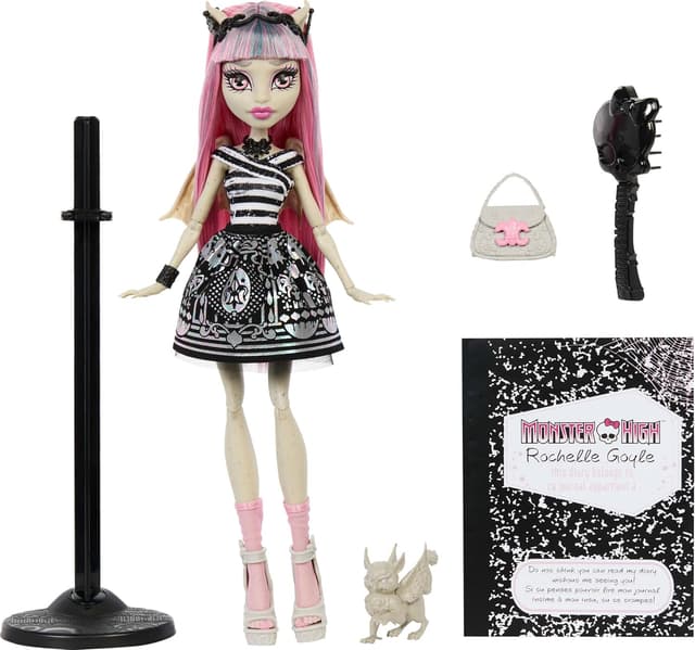 Detalle de Monster High Boo-riginal Creeproduction Rochelle Goyle (JHK57) con soporte, diario y gárgola de grifo