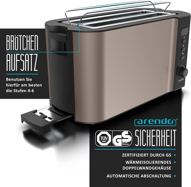 Detalle de arendo Edelstahl-Toaster Langschlitz für 4 Scheiben mit Auftaufunktion und Restzeitanzeige (Bronze Design)