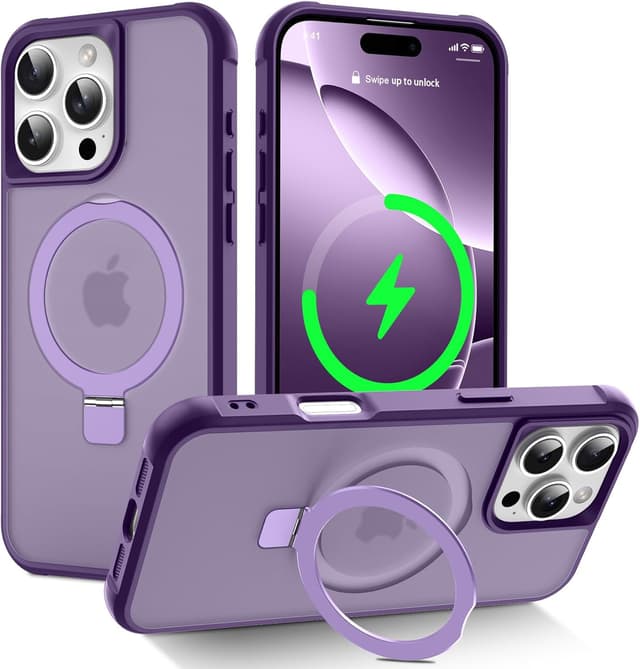 Detalle de CHAOFEnG Magnetic iPhone 16 Pro Case with Metal Ring Stand (Purple) — Military-Grade Drop-Tested, Magnet Compatible