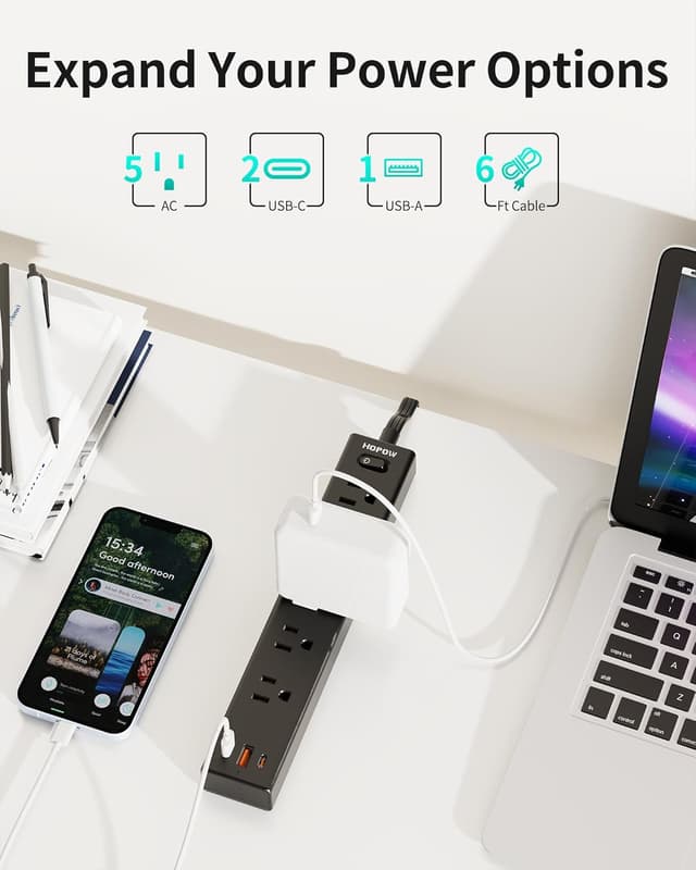 Detalle de HOPOW Flat Plug Power Strip 1700J with 5 Outlets & 3 USB