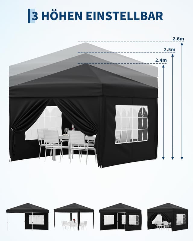 Detalle 2 de Faltpavillon 3x3 m wasserdicht mit 4 Seitenwänden (420D Oxford, UV-Schutz 50+) – Pop-up Partyzelt Schwarz
