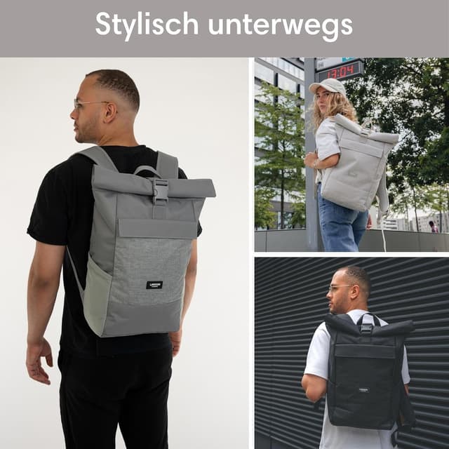 Detalle de Larkson Rolltop-Rucksack No 4 (Damen & Herren) mit Laptopfach bis 16 Zoll – wasserabweisend, für Uni, Arbeit & Fahrrad