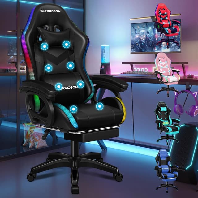 Detalle de ELFORDSON LED Gaming Chair with 8-Point Massage, PU Leather, Black