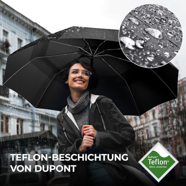 Detalle 2 de Regenschirm Taschenschirm Sturmfest mit Auf-Zu-Automatik & Schirm-Tasche – Schwarz, kompakter Reise- & Golfschirm