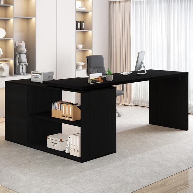 Detalle de HSH Eckschreibtisch in L-Form mit Schubladen, umkehrbar – großer Workstation-Arbeitsplatz (schwarz, 150 cm)