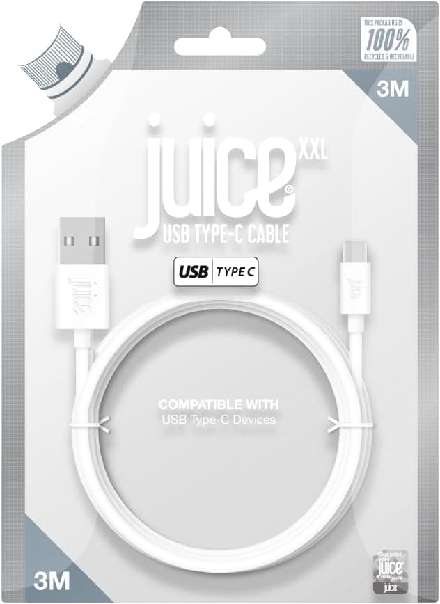 Detalle 2 de Juice USB-C 3m Charger & Sync Cable (White) for Samsung Galaxy S20/S10/S9/S8, Huawei P30/P20, Apple iPad 2020 & more