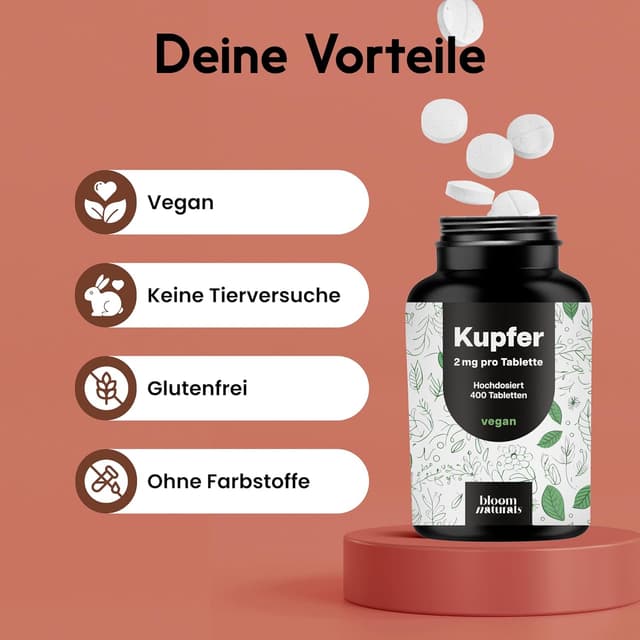 Detalle 2 de Kupfer Tabletten (400 Stück) mit 2 mg Kupfer aus Kupferbisglycinat – vegan, hergestellt in Deutschland
