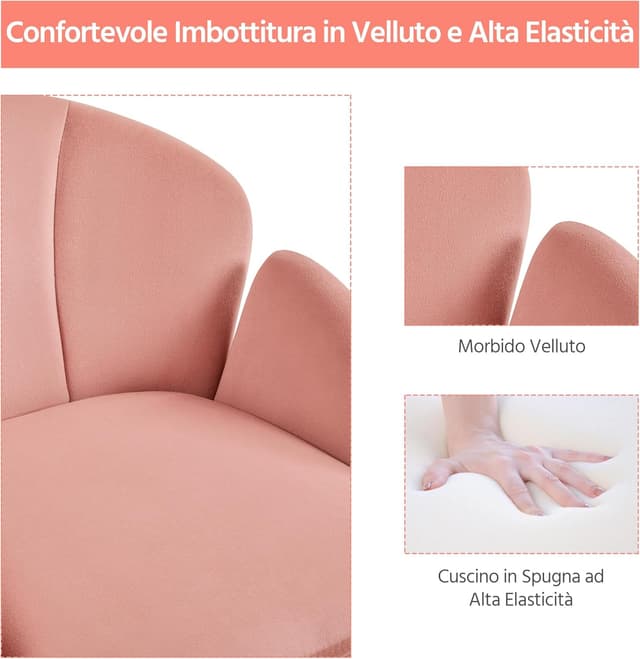 Detalle de Yaheetech sedia ufficio poltroncina in velluto imbottita reclinabile rosa chiaro, altezza regolabile con ruote