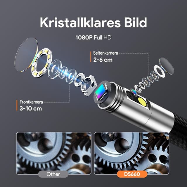 Detalle de DEPSTECH DS660 Dual-Linsen Endoskopkamera mit Licht, 1080P und drehbarem Kopf – 5 Zoll IPS Bildschirm