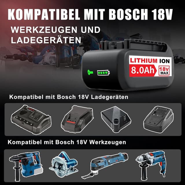 Detalle de 8.0Ah/8000mAh Ersatzakku für Bosch 18V – kompatibel mit BAT609, BAT619, BAT618 und weiteren (2er-Set)