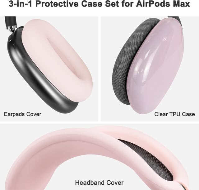 Detalle de SOULWIT Protective Kit for AirPods Max (2/1, 2026/2024/2020) — Headband Cover + TPU Case + Silicone Ear Pad Covers (Pink)