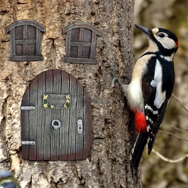 Detalle de Relaxdays décoration pour tronc d’arbre marron – maison de lutins, elfes et fées (3 pièces : 2 fenêtres + 1 porte)