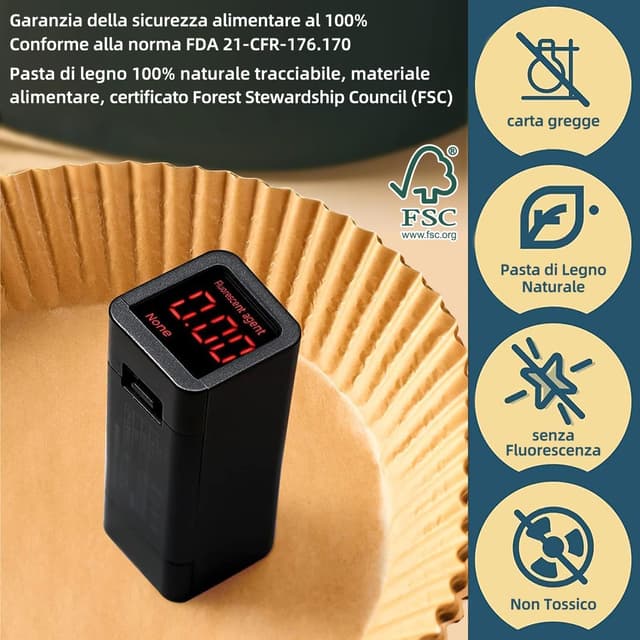 Detalle de HONYAO fogli di carta forno antiaderente 20x20 cm per friggitrice ad aria XXL (5–8 L), 200 pezzi