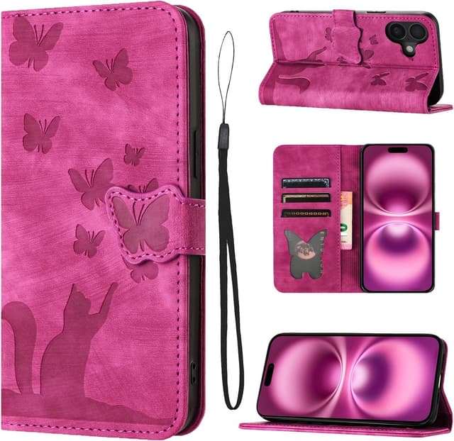 Detalle de LSPCASA Handyhülle für iPhone 17 6,3 Zoll – Flip Wallet Case mit Kartenfach, Standfunktion und Schmetterlingskatze (Rosa)