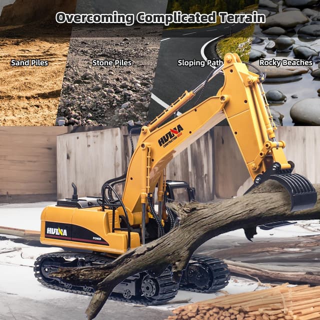 Detalle 1 de Pelleteuse télécommandée 1:14 RC 15 canaux avec lumières et sons – tractopelle pour enfants