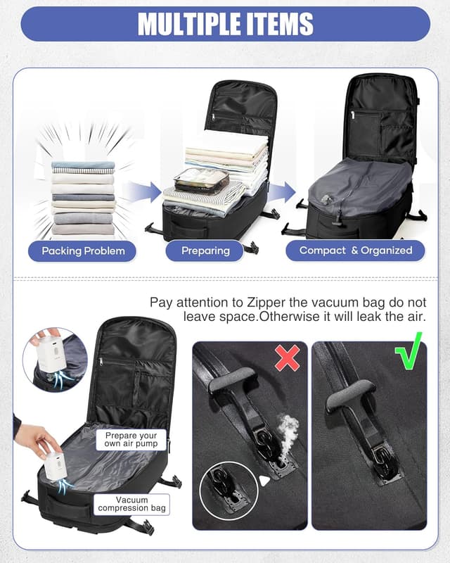 Detalle de HPLQQ sac à dos sous vide de voyage 40×30×20 cm avec pompe, format cabine pour Ryanair (A01-Noir)