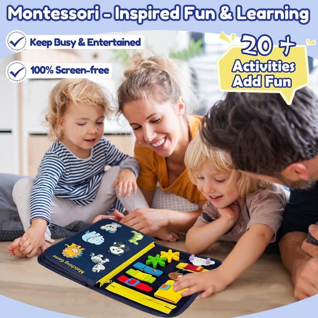 Detalle 2 de Qizfun Toddler Busy Board Montessori Toys (Dinosaur, 8-Page Sensory Busy Book) for Car & Airplane Travel