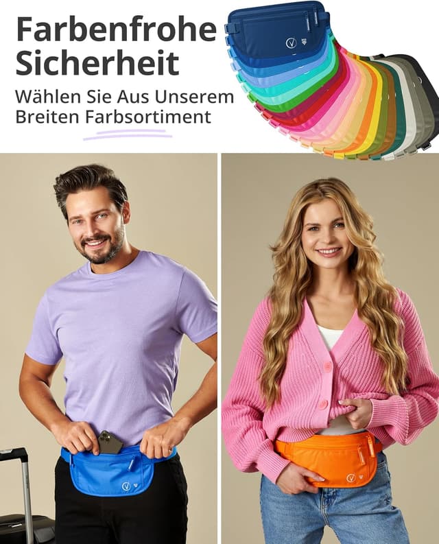 Detalle 2 de Vantamo Bauchtasche Damen ultraflach mit RFID-Schutz – Reise-Geldgürtel mit 2 Fächern und verstellbarem Gurt
