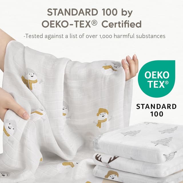 Thumbnail 6 de Maliton Muslin Cloths for Baby (6-pack) 70x70cm cotton burp cloths – soft breathable muslins with snowman, reindeer & pine tree prints