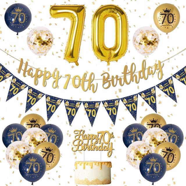 Detalle de Blue Gold 70th Birthday Banner & Balloons Set (Navy Blue & Gold) with Triangular Bunting, Foil Balloon, Cake Topper