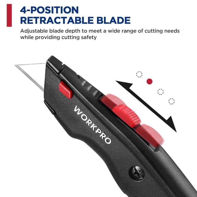 Detalle de WORKPRO set di coltelli di sicurezza retrattile 3 pezzi con 10 lame di ricambio a cambio rapido (nero/rosso/blu)