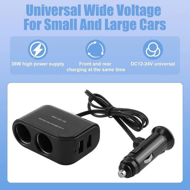 Detalle 2 de ltteea Car Cigarette Lighter Splitter + Dual USB Charger (2 Sockets, 12V/24V) for Dash Cam, GPS and Phones