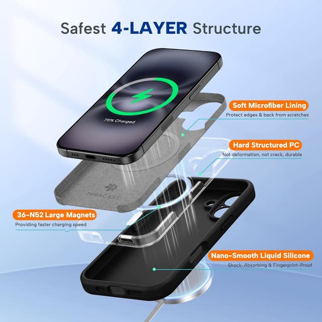 Detalle de Miracase Liquid Silicone Case for iPhone 16 (MagSafe compatible) – Black