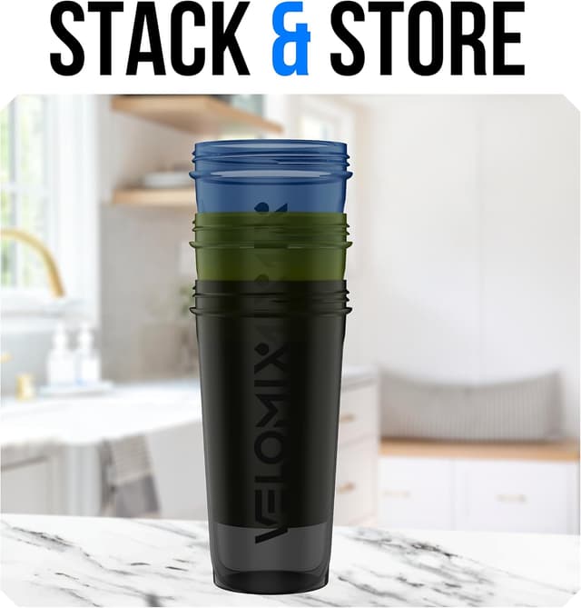 Detalle 2 de VELOMIX 3-Pack 18 oz Protein Shaker Bottles with Wire Whisk (Leak Proof, Stackable, Dishwasher Safe)