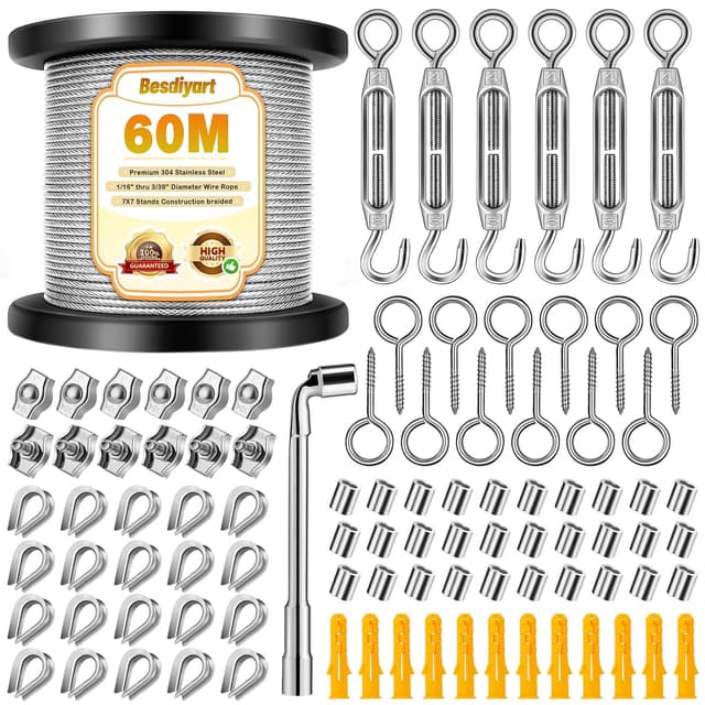 Detalle de 94-piece 304 Stainless Steel Wire Rope Kit (PVC Coated) with M4 Turnbuckles – 60m Garden Wire