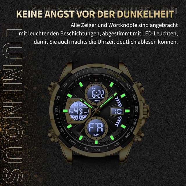 Detalle 2 de Naviforce Herren Militär Digitaluhr mit analogem Quarzwerk, wasserdicht bis 30 m, Lederarmband