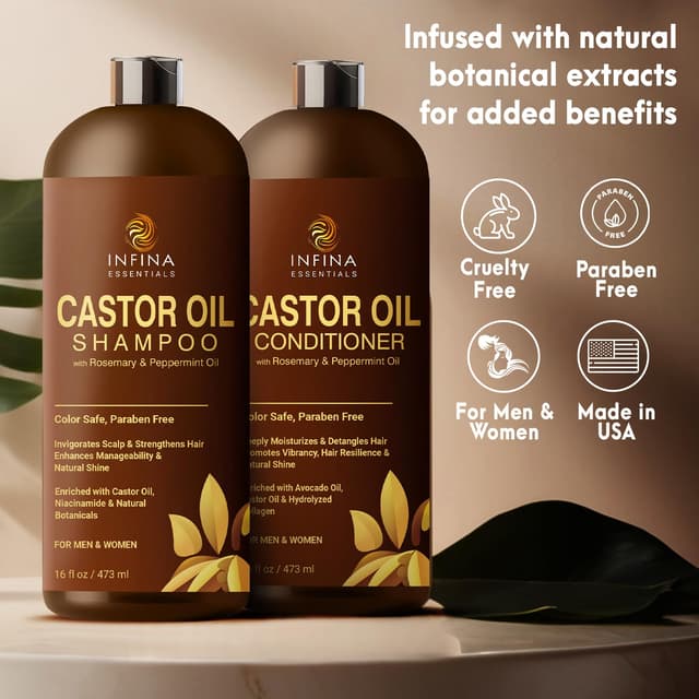 Detalle de Castor Oil Shampoo and Conditioner Set with Rosemary & Peppermint Oil (16 fl oz) for Hair Growth