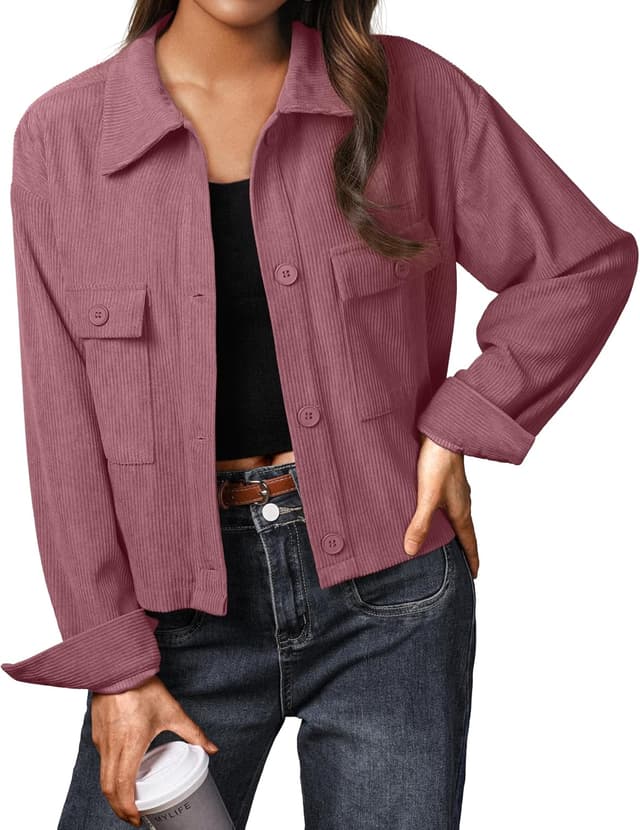 Detalle de IWOLLENCE Cordjacke Damen Hemdjacke Cordhemd – kurze Shacket mit Revers und Knopfleiste