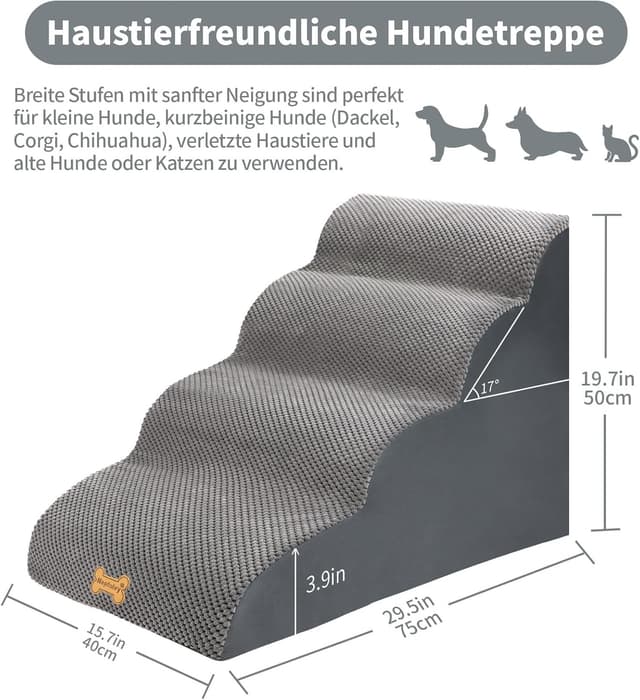 Detalle 2 de Nepfaivy 4-stufige Hundetreppe für kleine Hunde – 75×50×40 cm, abnehmbarer & waschbarer Bezug, rutschfester Boden